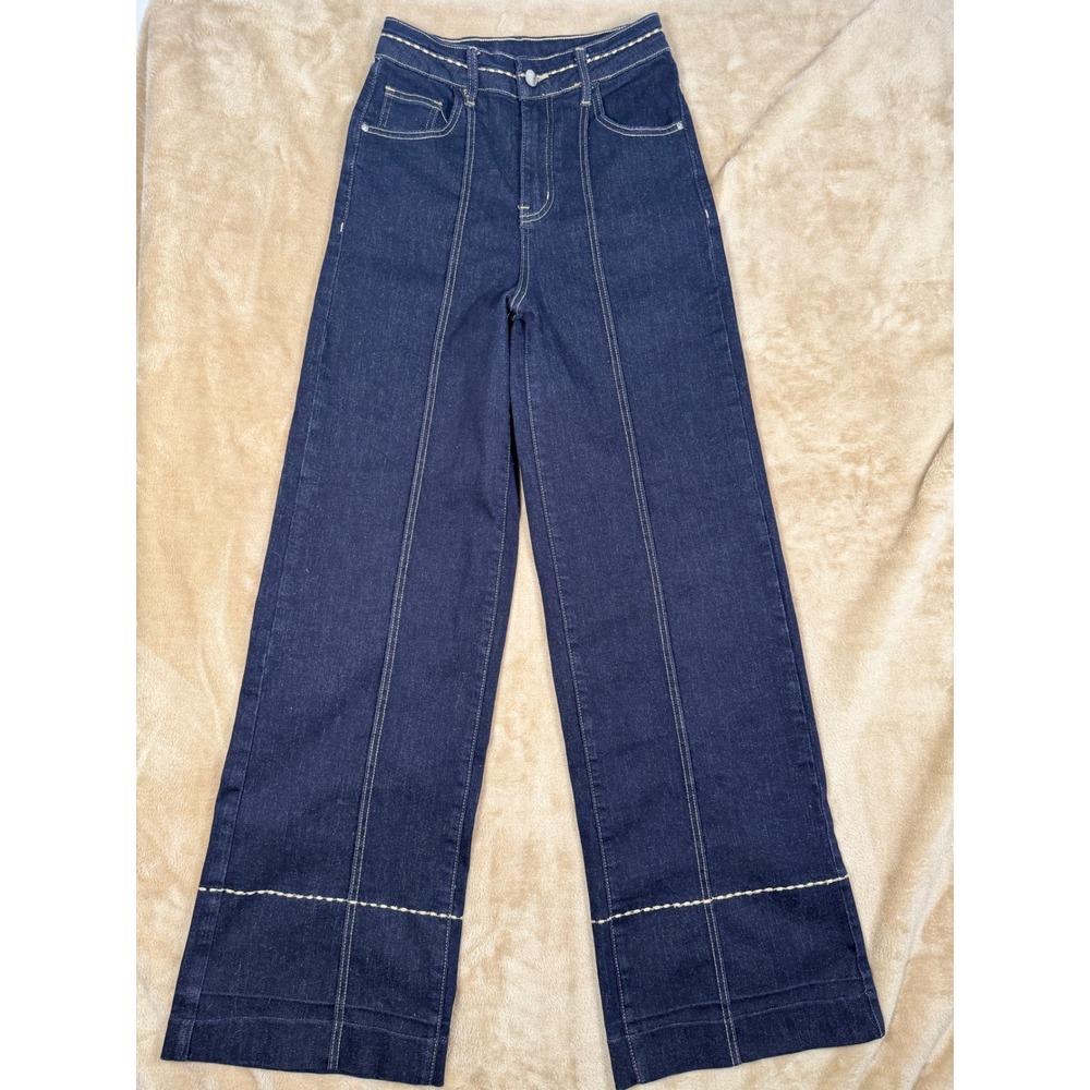 Commense Women Dark Blue Wide Leg Jeans Contrast Stitch Trousers XS